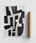 Formes géométriques noires et blanches dans une affiche décorative haut de gamme pour la maison, inspirée du wabi sabi.