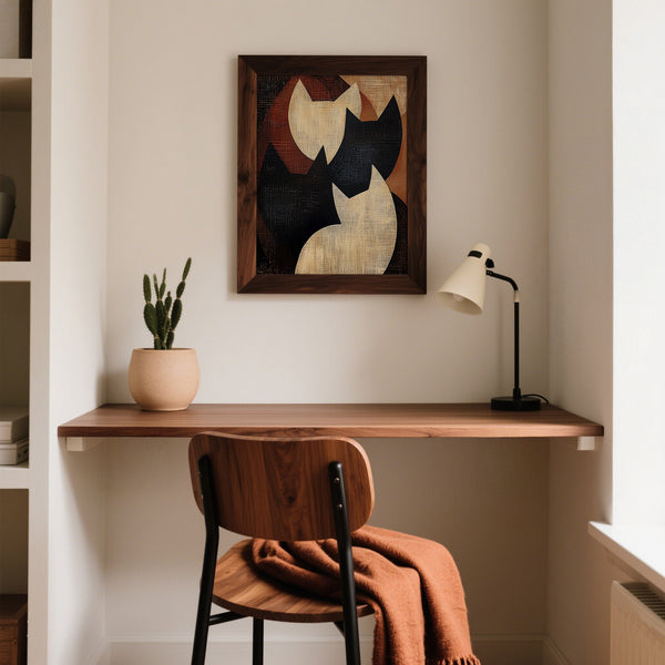 Art abstrait représentant un chat, dans des tons rouille et beige, pour une décoration sereine de votre bureau à domicile.