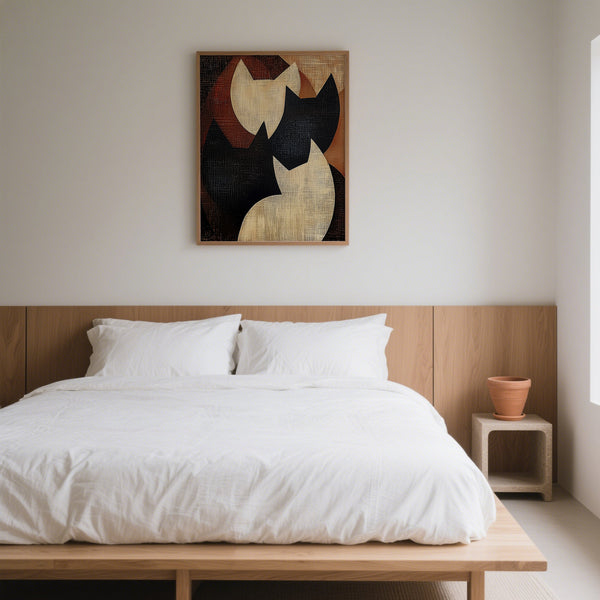 Grande peinture abstraite représentant un chat, à accrocher au-dessus du lit dans la chambre à coucher.