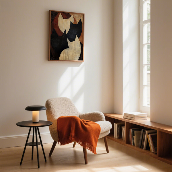 Impression artistique abstraite noire et neutre pour les amateurs de chats minimalistes