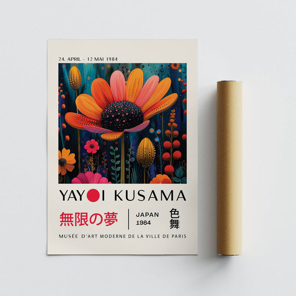 Décoration murale florale aux teintes vives orange, rouge et vert