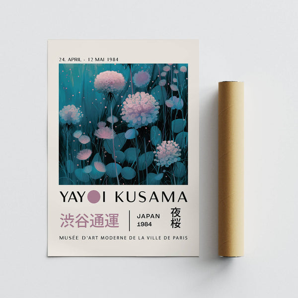 Art abstrait aux tons profonds de bleu et de violet avec un style botanique parsemé de points