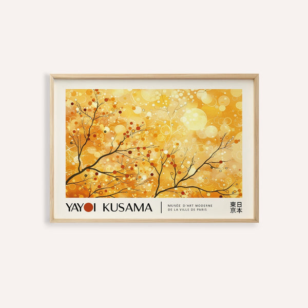 Affiche paysagère jaune avec des branches automnales inspirées de Kusama pour le salon