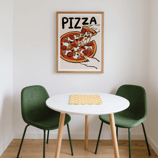 Impression artistique représentant une pizza avec des reflets orange et blancs pour la salle à manger