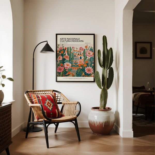 Art mexicain de cour intérieure avec fontaine colorée et fleurs d'inspiration folklorique.