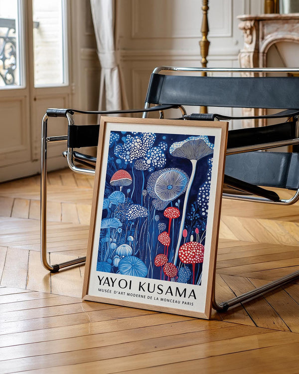 Impression artistique abstraite représentant des champignons aux tiges surréalistes et aux chapeaux pointillés.