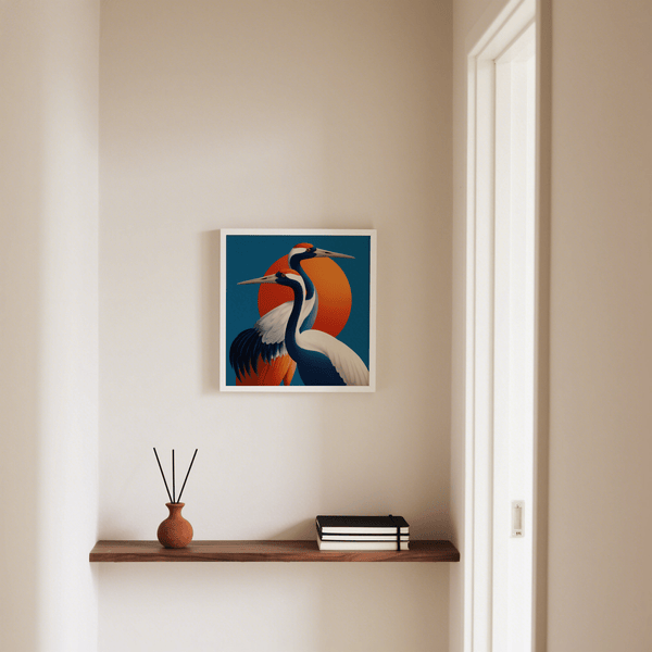 Décoration murale élégante représentant de grands oiseaux, dans les tons orange et bleu, pour espace de bureau