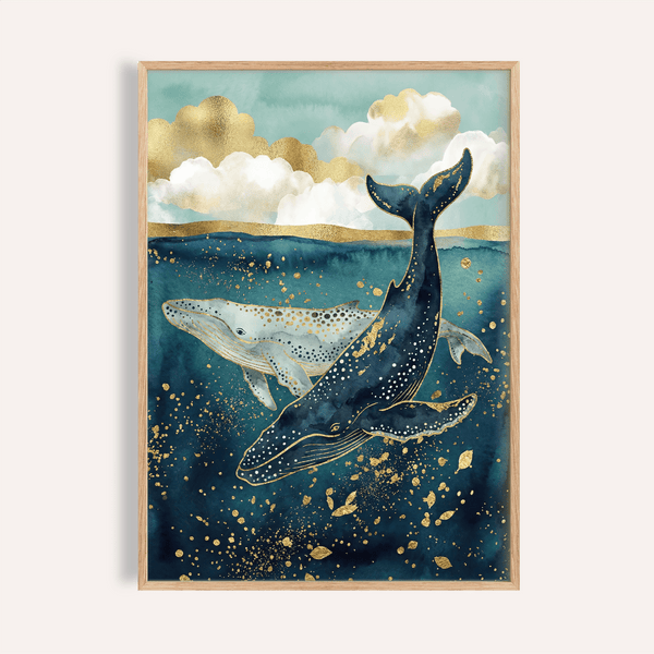 Décoration murale baleine bleue et dorée pour chambre à coucher, impression décorative