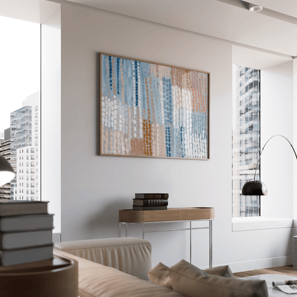 Affiche abstraite aux imprimés bleu pastel et rose, dans les tons bleu, beige et rose, pour décorer le mur de votre entrée.