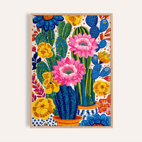 Décoration murale botanique colorée avec du rose et du jaune, parfaite pour une impression murale dans une chambre à coucher.