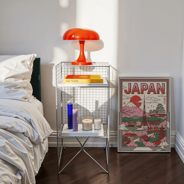 Impression murale japonaise représentant des bâtiments pittoresques en rose et rouge, idéale pour une salle d'étude.