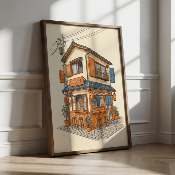 Décoration murale pour restaurant japonais représentant un restaurant, orange et bleu, pour impression artistique de cuisine