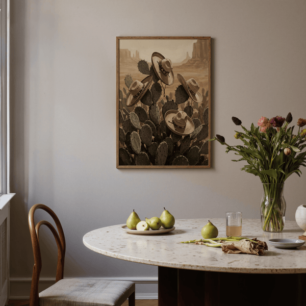 Impressions artistiques du sud-ouest, chapeaux beiges sur cactus, décoration murale pour salle d'étude