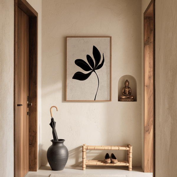 Art mural botanique minimaliste, palette de couleurs beige et noir discret pour impression dans l'entrée