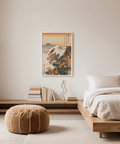 Poster Paysage de montagne dans les tons beige, orange et vert pour une décoration chaleureuse dans votre chambre à coucher