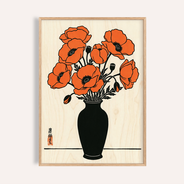 Poster mural floral orange, noir et beige pour décorer les murs de votre salon