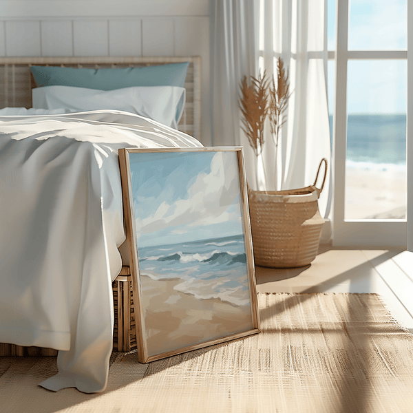 Affiche représentant un paysage marin paisible dans les tons bleu, beige et blanc pour bureau