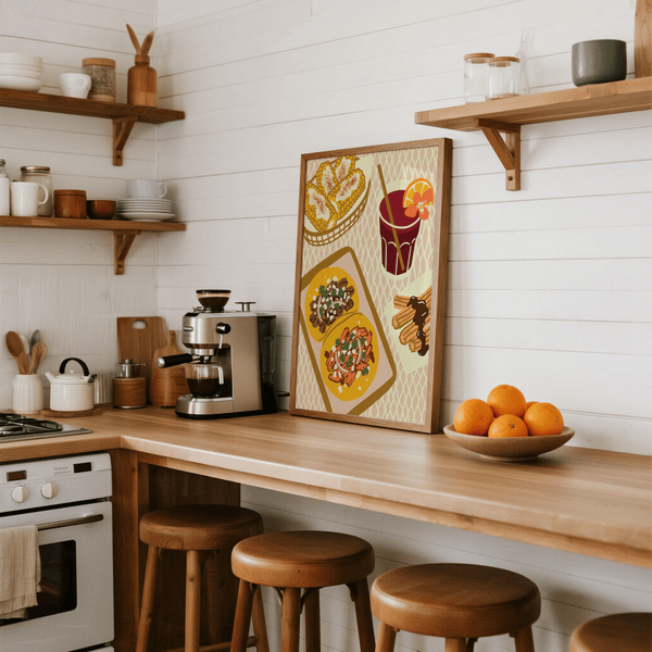 Impression artistique sur le thème de la cuisine mexicaine, dans des tons verts, pour une salle à manger décontractée.
