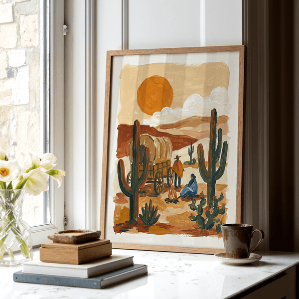 Impression artistique Desert Wagon représentant une scène du sud-ouest des États-Unis dans les tons marron et vert, pour décorer les murs de votre bureau.