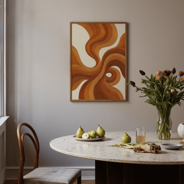 Décoration murale avec orange brûlé, impression artistique minimaliste orange brûlé et beige pour le salon