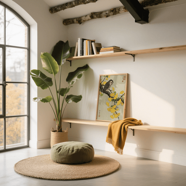 Impression botanique « Chouette et ginkgo » avec jaune, gris et vert