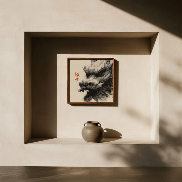 Imprimé tête de dragon tons noirs, gris et blancs, décoration murale pour bureau