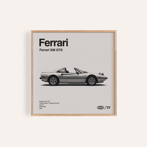 Poster Ferrari 308 GTS en gris, noir et blanc pour décorer les murs de votre salon