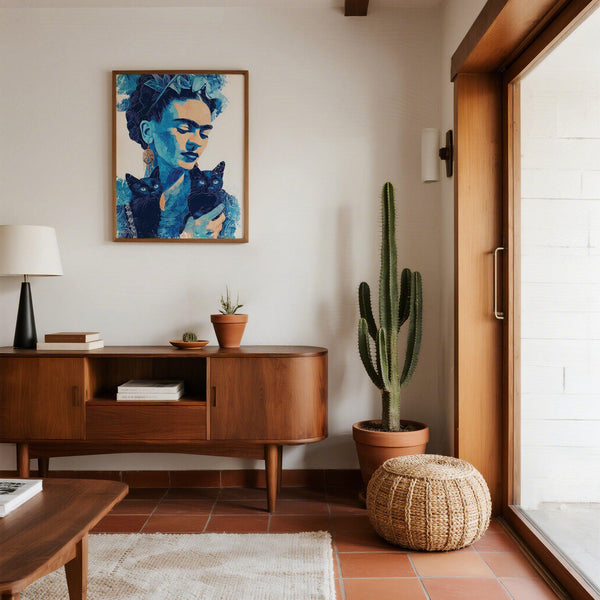 Œuvre d'art moderne dans le style de Frida Kahlo, caractérisée par un contraste profond et un arrière-plan épuré.