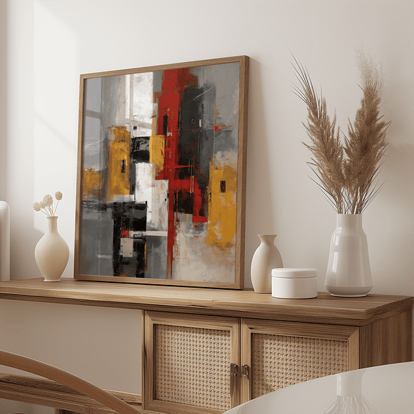 Affiche abstraite rouge et jaune avec du gris, parfaite pour créer une ambiance dans une chambre à coucher.