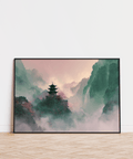Impression murale artistique « Misty Mountain Temple » avec des tons beiges, verts et roses pour décorer votre entrée.