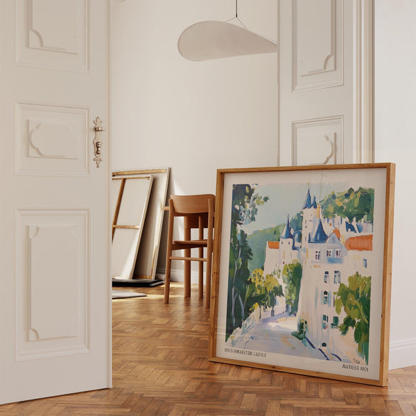 Château bavarois romantique représenté dans un style médiéval expressif.