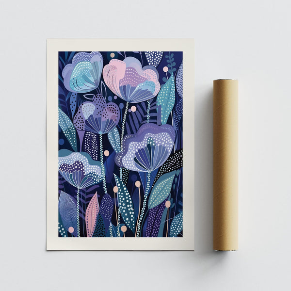 Affiche Purple Flower avec des pétales superposés, inspirée du style visuel de Yayoi Kusama.