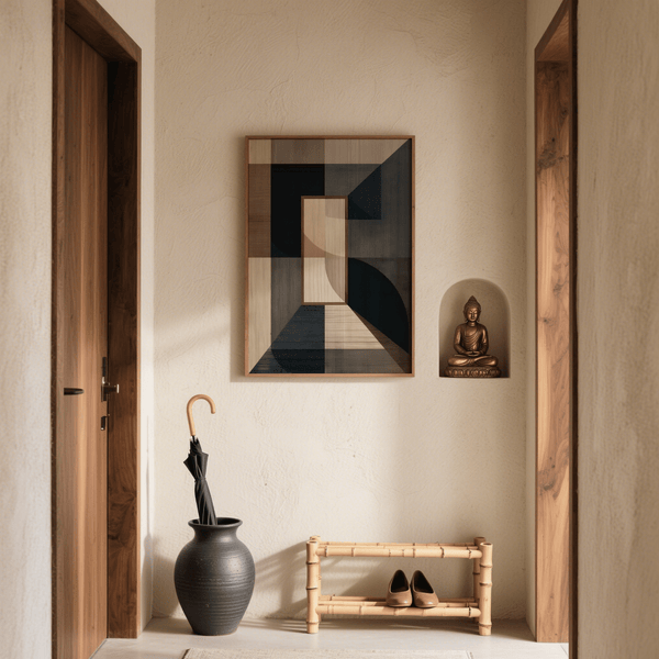 Élégante reproduction artistique Wabisabi avec des accents noirs, idéale pour un salon minimaliste.