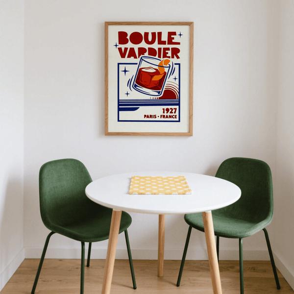 Boulevardier Cocktail Print in bold Red, Orange, Blue for lounge wall art