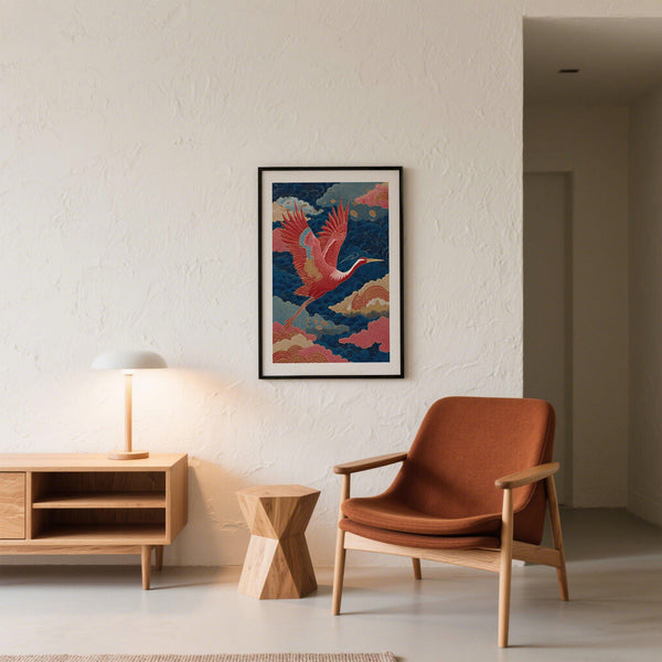 Œuvre d'art représentant une grue d'inspiration japonaise dans un style d'impression japonaise vintage.