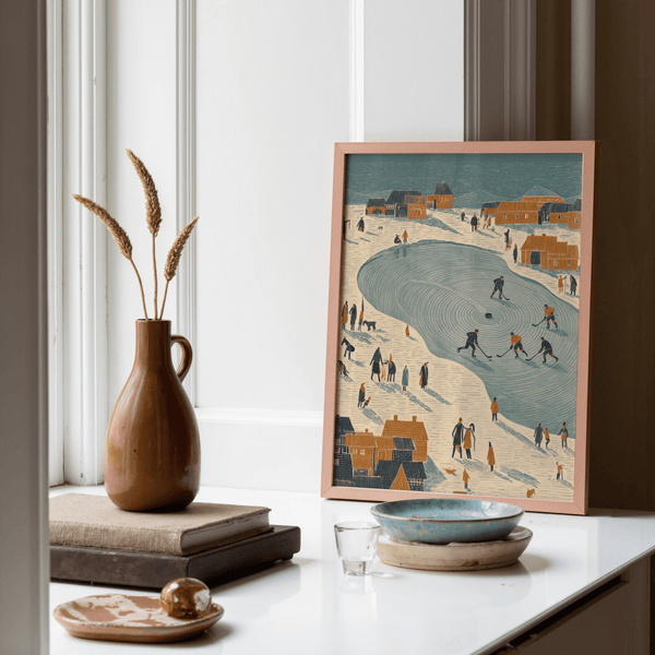 Impression murale hivernale avec motif hockey Impression artistique hivernale en bleu, beige et orange pour un bureau