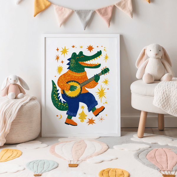 Impression artistique amusante représentant un crocodile multicolore dans une chambre d'enfant