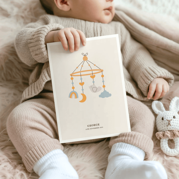 Affiche personnalisée pour bébé aux tons doux de bleu et d'orange pour la chambre de bébé