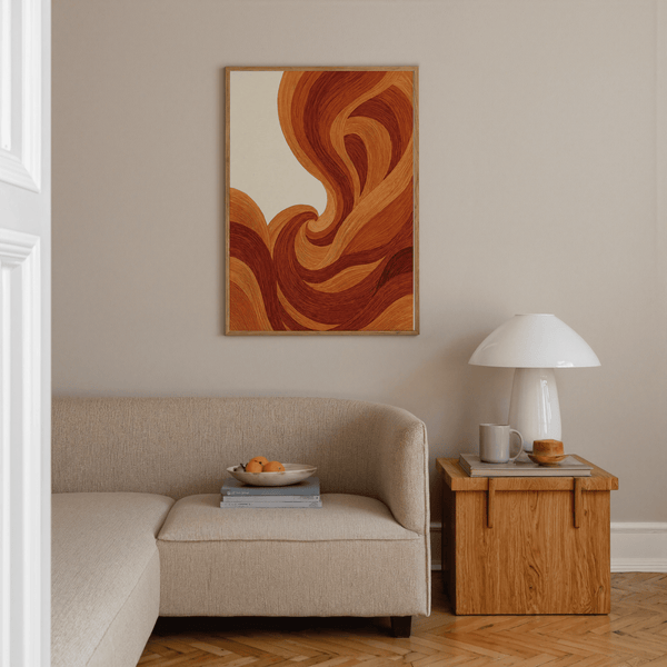 Impression artistique abstraite Wave dans des tons bruns chauds, idéale pour les salons minimalistes
