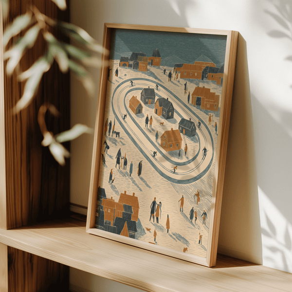 Impression artistique « Village d'hiver » utilisant les couleurs bleu, orange et beige pour une affiche murale de chambre d'enfant