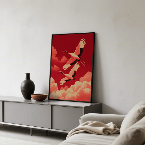 Cranes Flying Wall Art, décoratif rouge, couloir, impression artistique