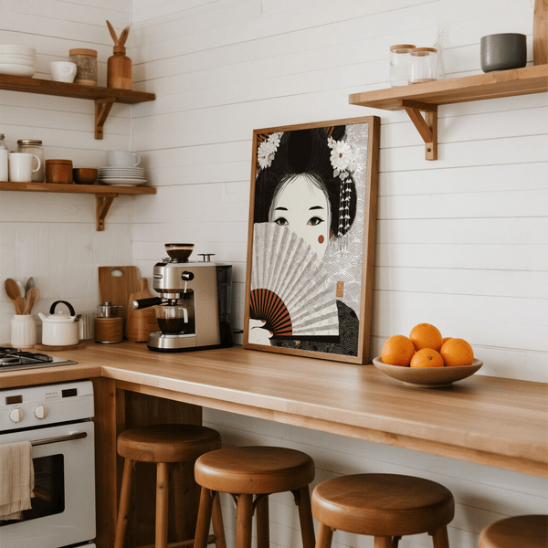 Impression artistique japonaise représentant une geisha, avec des motifs floraux noirs et rouges, idéale pour les espaces de vie.