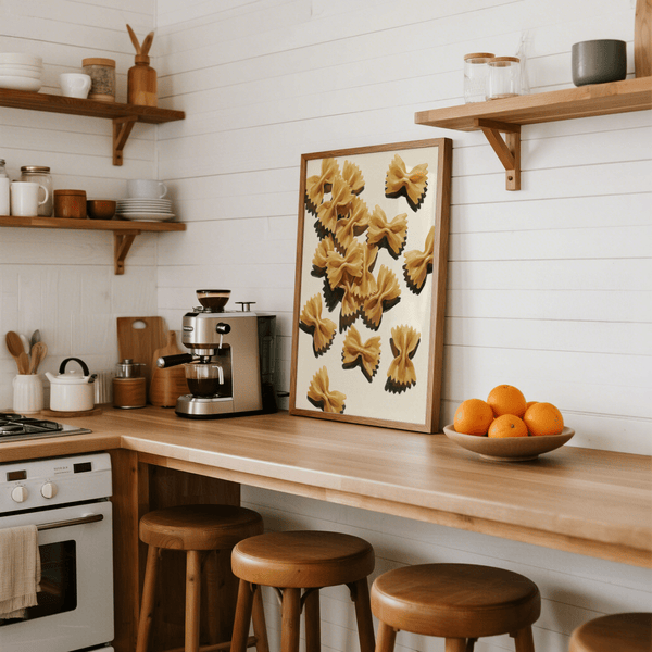 Décoration murale pour salle à manger représentant des pâtes Farfalle avec des accents jaunes