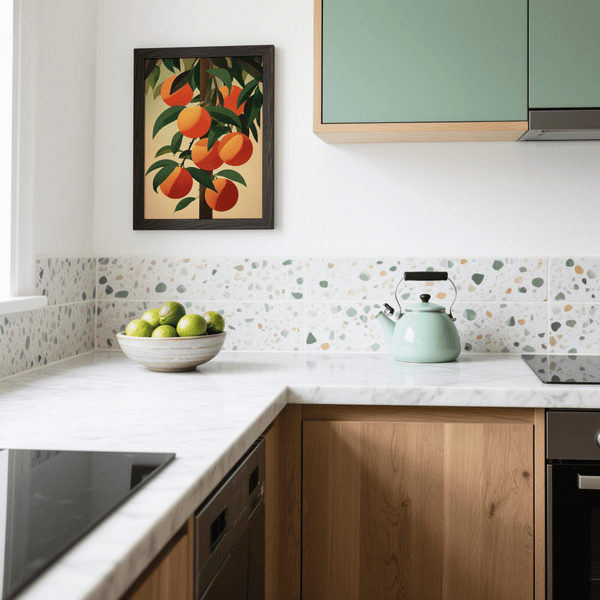 Impression artistique moderne représentant un oranger avec son feuillage, parfaite pour décorer les murs d'un bureau.