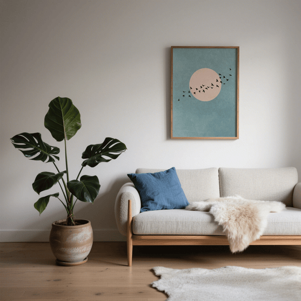 Décoration murale Silhouettes d'oiseaux sur fond blanc et bleu, idéales pour un coin bureau