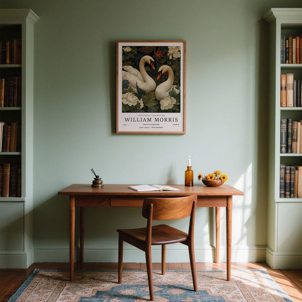 Élégante paire de cygnes dans un décor botanique inspiré de William Morris – Swan Wall Art.