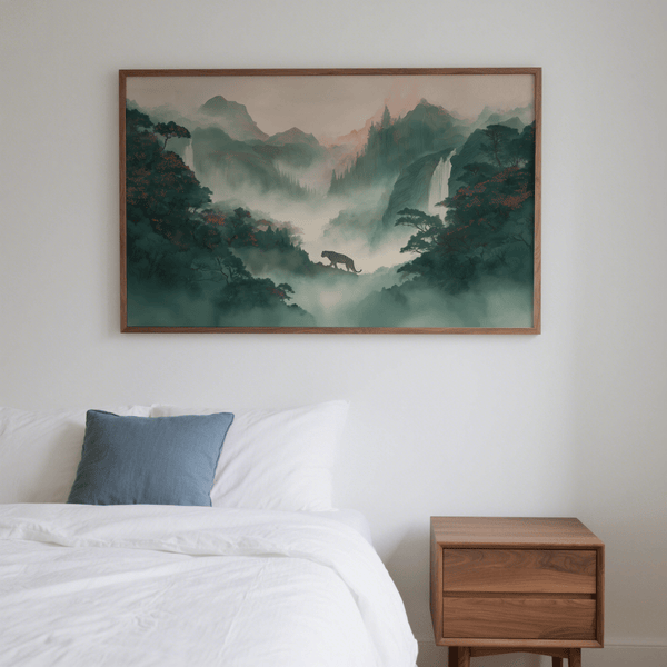 Impression artistique pour salon représentant un paysage avec des tigres, couleurs principales : vert et rose