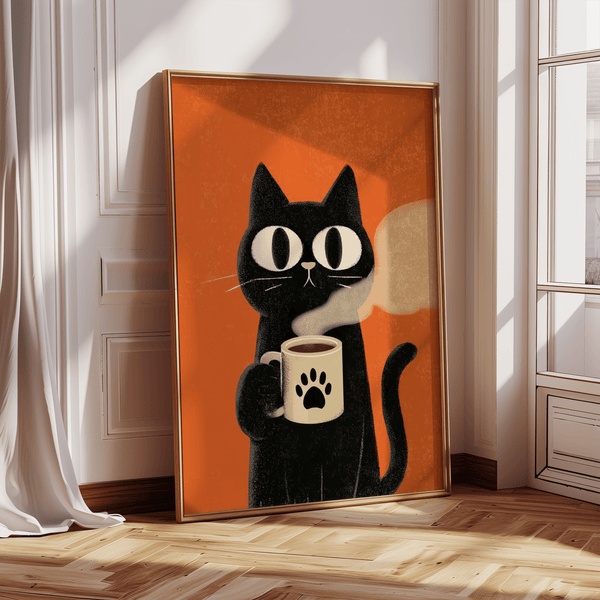 Tasse à café Cat Coffee Mug Print représentant un chat et une tasse, noir et orange, pour la cuisine