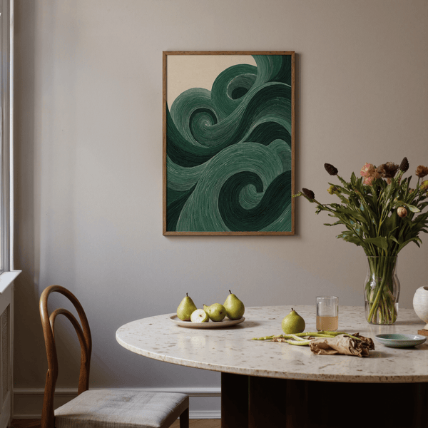 Art mural minimaliste moderne vert et beige pour un espace de vie moderne