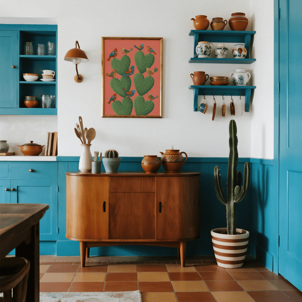 Affiche fantaisiste en forme de cœur cactus rose et vert, idéale pour décorer les murs d'une salle de jeux.